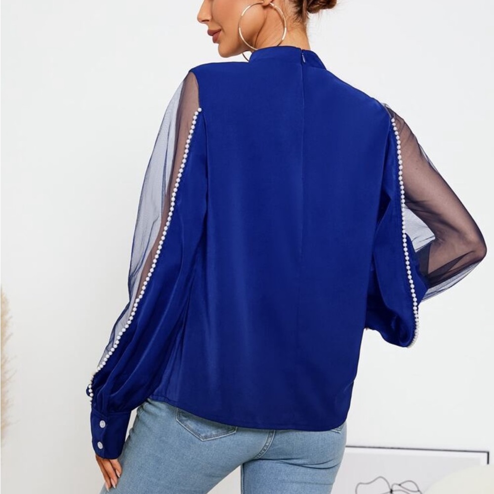 Elegant Sheer Mesh Long Sleeve Pearls Beaded Mock Neck Blouse Blue - Picture 2 of 14